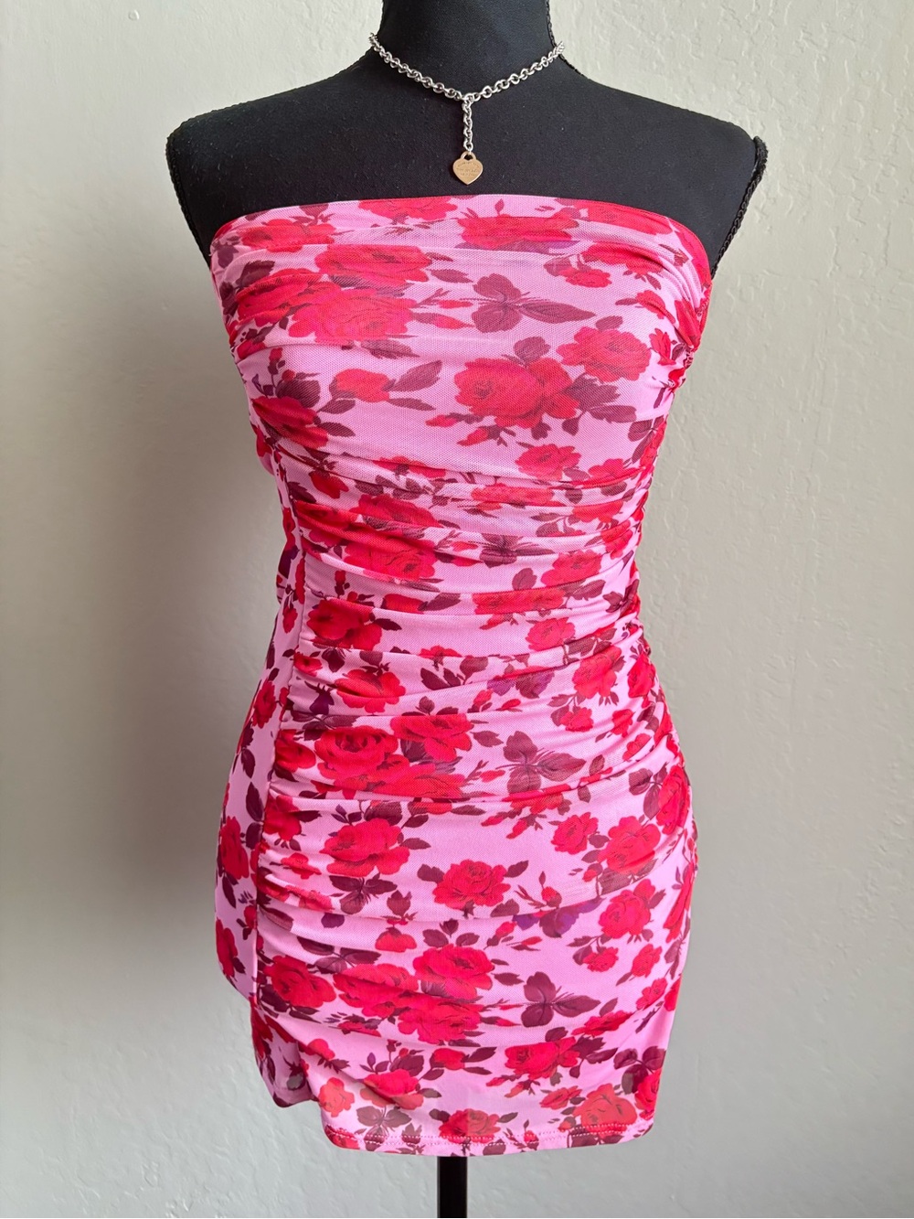 Floral Strapless Ruched Mini Dress in Pink and Red
